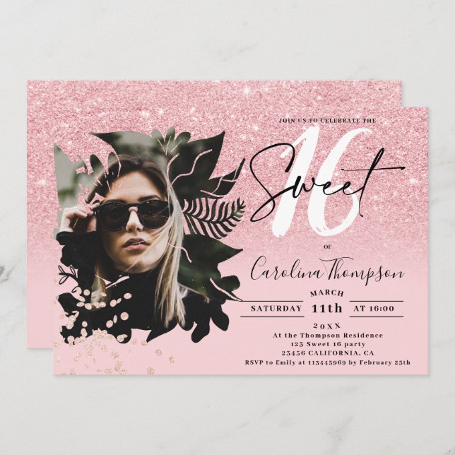 Chic pink glitter ombre floral photo Sweet 16 Invitation (Front/Back)