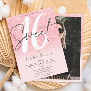 Chic pink glitter ombre font blush photo Sweet 16  Invitation