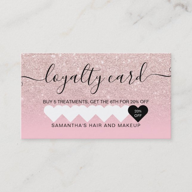 Chic pink glitter ombre girly heart makeup loyalty card (Front)