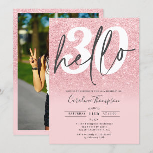 Chic pink glitter ombre gradient  photo hello 30 invitation