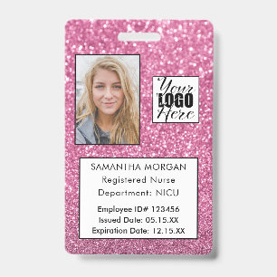 Chic Pink Glitter Photo Logo Employee ID Badge