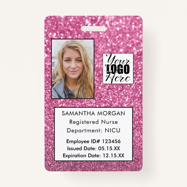 Chic Pink Glitter Photo Logo Employee ID ID Badge (Front)