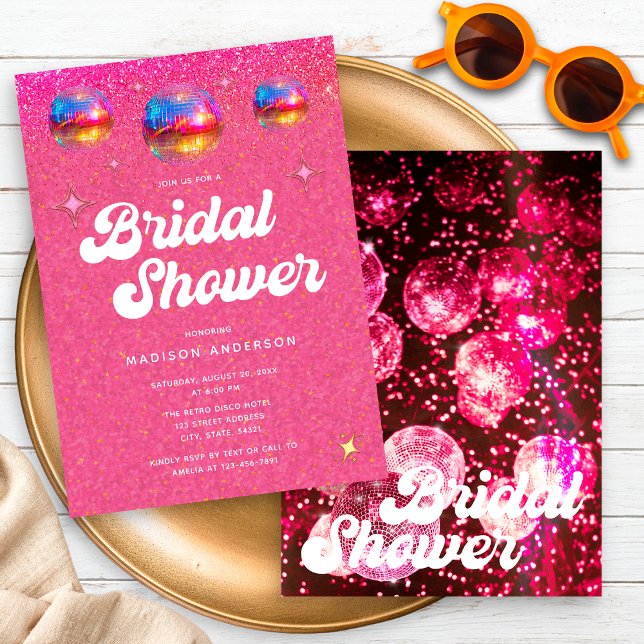 Chic Pink Glitter Retro Disco Ball Bridal Shower Invitation (Creator Uploaded)