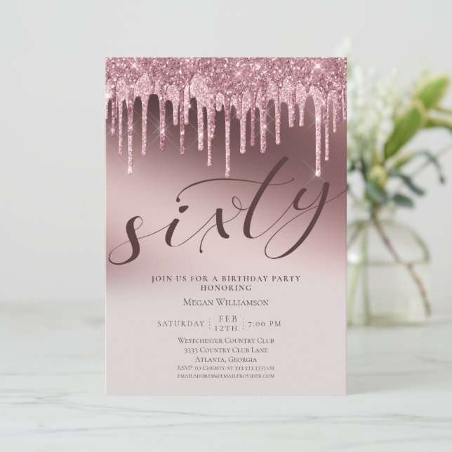 Chic Pink Glitter Sixty Surprise 60th Birthday Invitation (Standing Front)