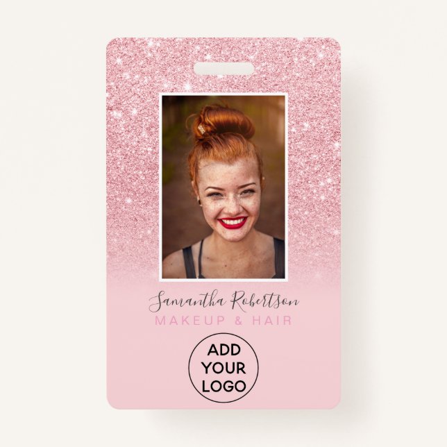 Chic pink glitter sparkle logo employee photo pass ID badge (Front)