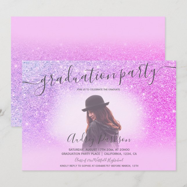 Chic pink glitter sparkles chic photo graduation invitation (Front/Back)
