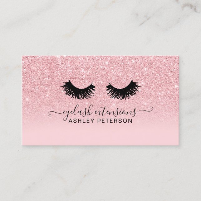 Chic pink glitter sparkles ombre girly eyelashes business card (Front)