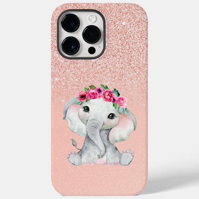 Chic Pink Glitter w/ Cute Elephant Iphone Case (Back)