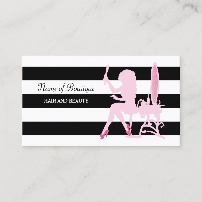 Chic Pink Glitz Girl Black Stripes Hair Boutique Business Card (Front)