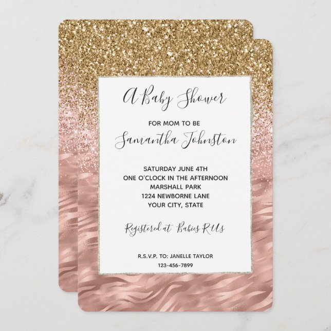 Chic Pink Glitz Zebra Print Baby Shower Invitation (Front/Back)