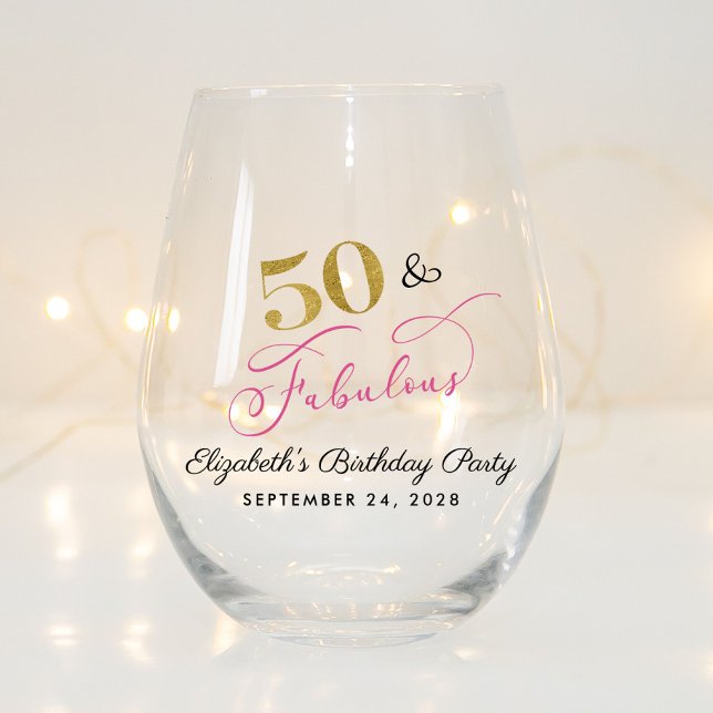 Chic Pink Gold 50th Birthday Party Favour Stemless Wine Glass (Creator Uploaded)