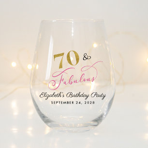 Chic Pink Gold 70th Birthday Party Favor Stemless Wine Glass