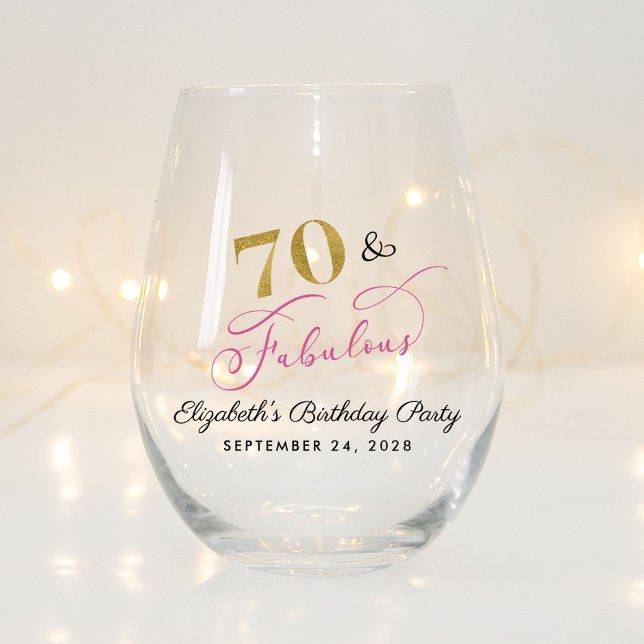 Chic Pink Gold 70th Birthday Party Favour Stemless Wine Glass (Creator Uploaded)