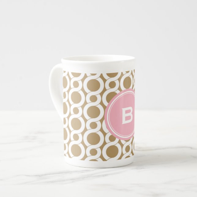 Chic pink gold abstract geometric pattern monogram bone china mug (Front Left)