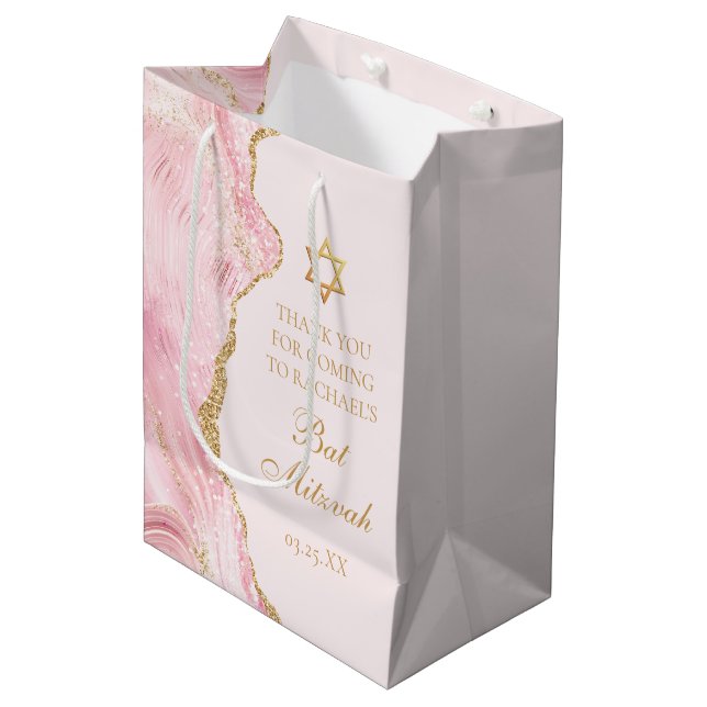 Chic Pink Gold Agate Bat Mitzvah Custom Party Medium Gift Bag (Front Angled)