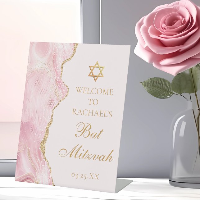 Chic Pink Gold Agate Bat Mitzvah Custom Party Pedestal Sign (Creator Uploaded)