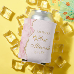 Chic Pink Gold Agate Bat Mitzvah Party Custom Can Cooler