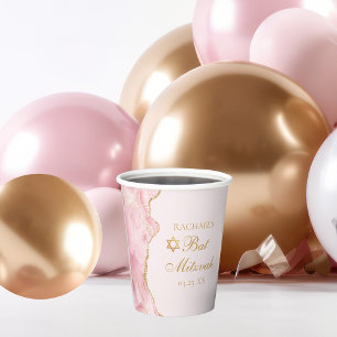 Chic Pink Gold Agate Bat Mitzvah Party Custom Paper Cups