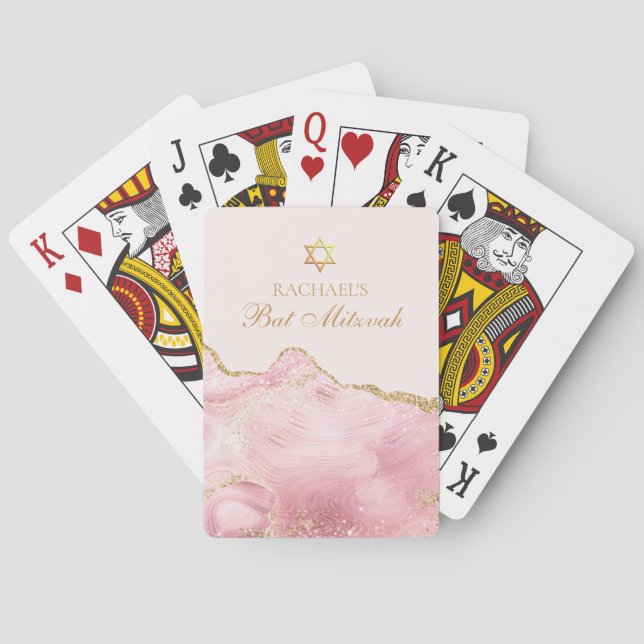 Chic Pink Gold Agate Bat Mitzvah Party Custom Playing Cards (Back)