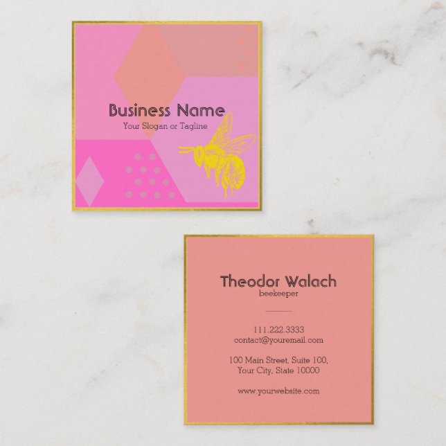 Chic Pink Gold Bee Professional Square Business Card (Front/Back)