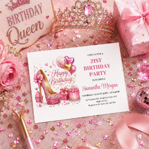 Chic Pink Gold Birthday Queen Sparkle Party Invite