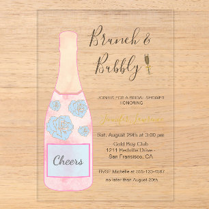 Chic Pink Gold Brunch and Bubbly Champagne Bottle Acrylic Invitations