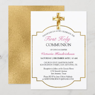 Chic Pink Gold Cross First Holy Communion  Invitation