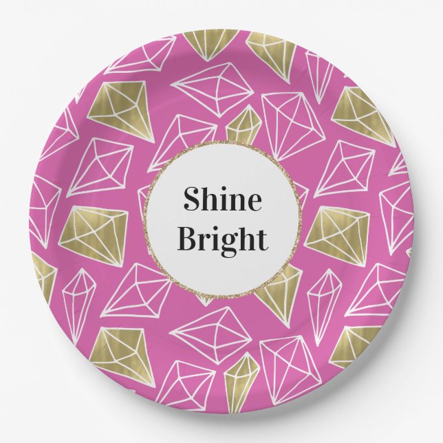 Chic Pink Gold Diamonds Glitter Birthday Paper Plate (Front)