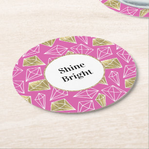 Chic Pink Gold Diamonds Glitter Birthday Round Paper Coaster