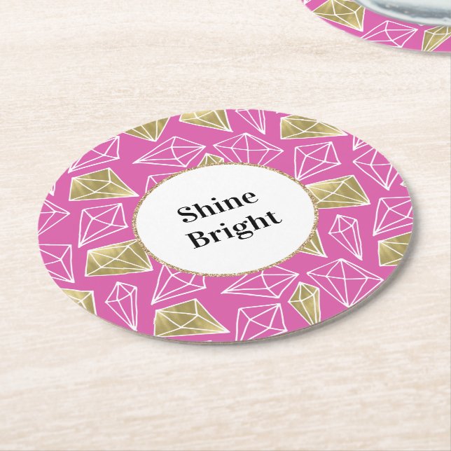Chic Pink Gold Diamonds Glitter Birthday Round Paper Coaster (Angled)