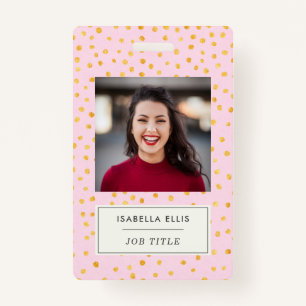 Chic Pink Gold Dot Employee Name Photo Corporate ID Badge