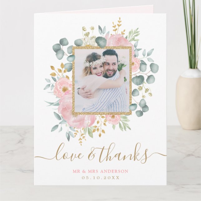 Chic Pink Gold Floral Peony Greenery Wedding Photo Thank You Card (Front)