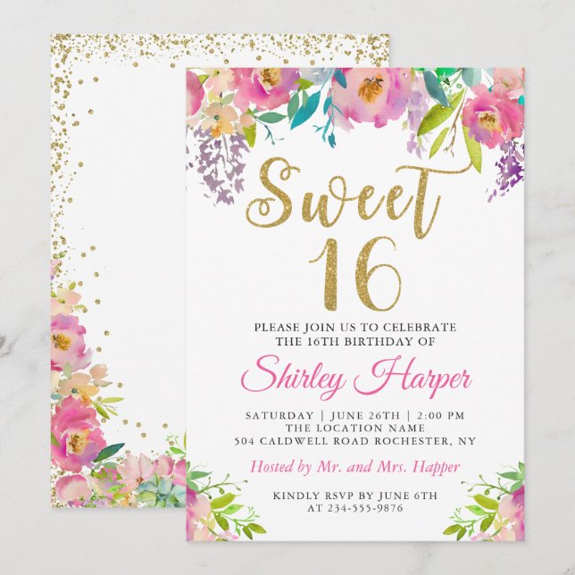 Chic Pink Gold Floral Sweet Sixteen 16 Birthday Invitation (Front/Back)