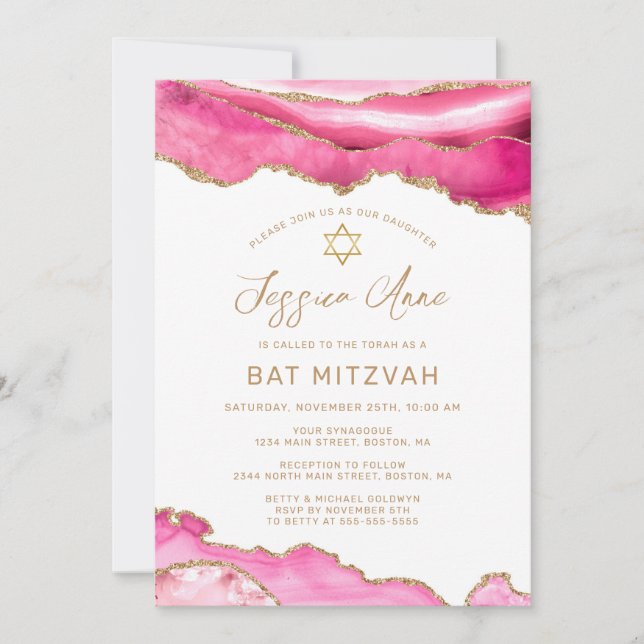 Chic Pink Gold Glitter Agate Bat Mitzvah Invitation (Front)