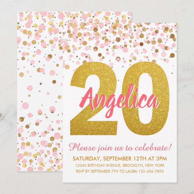 Chic Pink Gold Glitter Confetti Girl 20th Birthday Invitation (Front/Back)
