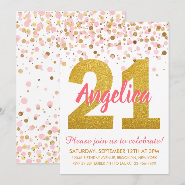 Chic Pink Gold Glitter Confetti Girl 21st Birthday Invitation (Front/Back)
