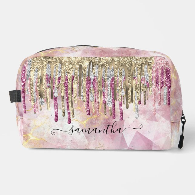 Chic pink gold glitter drips monogram accessory po dopp kit (Front)
