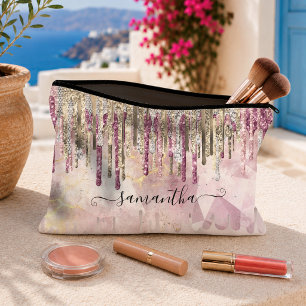 Chic pink gold glitter drips monogram accessory pouch
