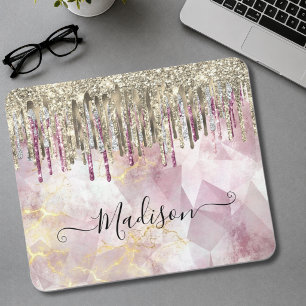 Chic pink gold glitter drips monogram mouse mat