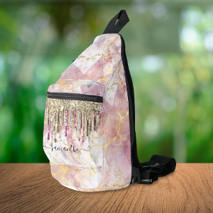 Chic pink gold glitter drips monogram sling bag