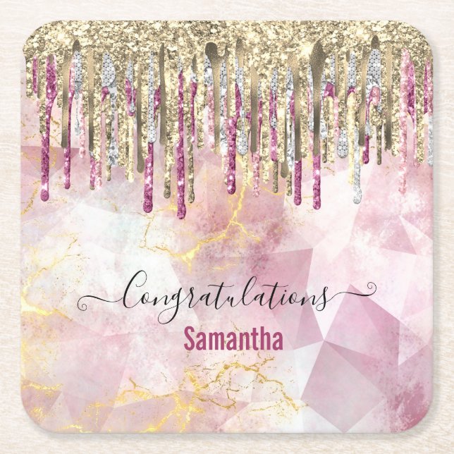 Chic pink gold glitter drips monogram square paper coaster (Front)