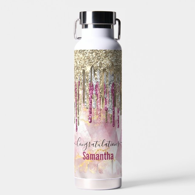 Chic pink gold glitter drips monogram water bottle (Front)