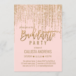 Chic Pink Gold Glitter Fringe Curtain Bachelorette Invitation