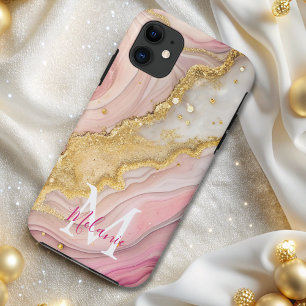 Chic Pink Gold Glitter Marble Agate Monogram 