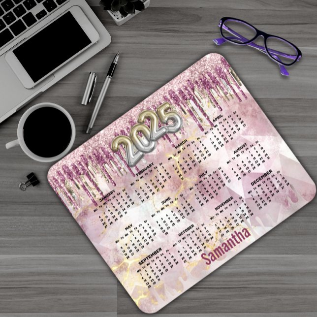 Chic pink gold glitter monogram 2025 calendar  mouse mat (Creator Uploaded)