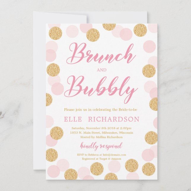 Chic Pink gold glitter polka dot brunch and bubbly Invitation (Front)