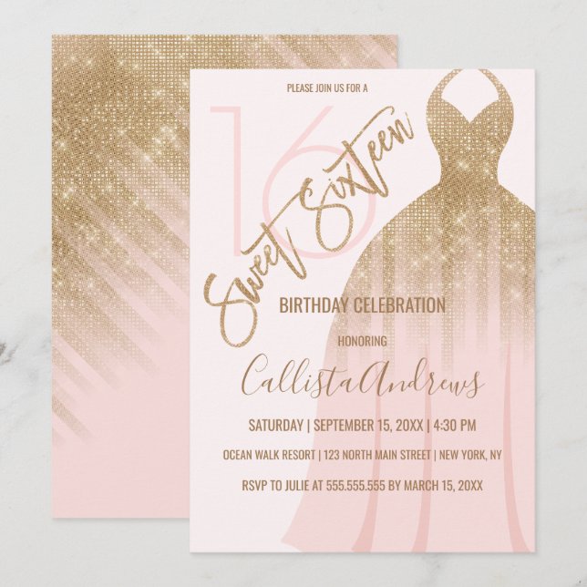 Chic Pink Gold Glitter Princess Dress Sweet 16 Invitation (Front/Back)