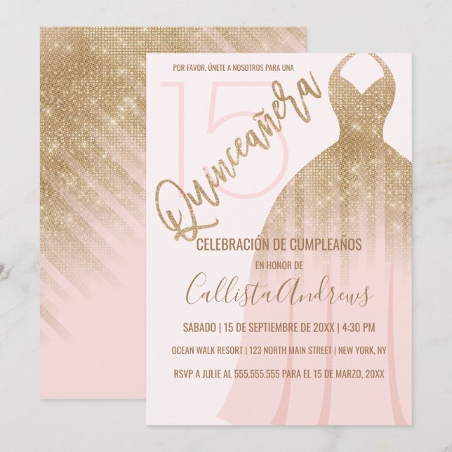 Chic Pink Gold Glitter Spanish Dress Quinceanera Invitation (Front/Back)