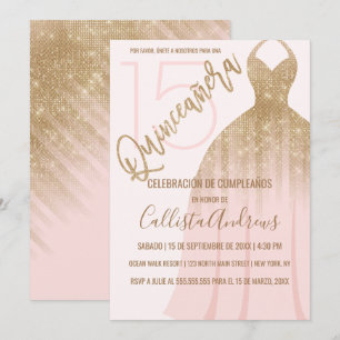 Chic Pink Gold Glitter Spanish Dress Quinceanera Invitation