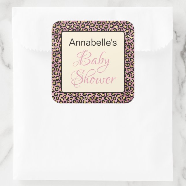 Chic Pink Gold Leopard Pattern Baby Shower  Square Sticker (Bag)